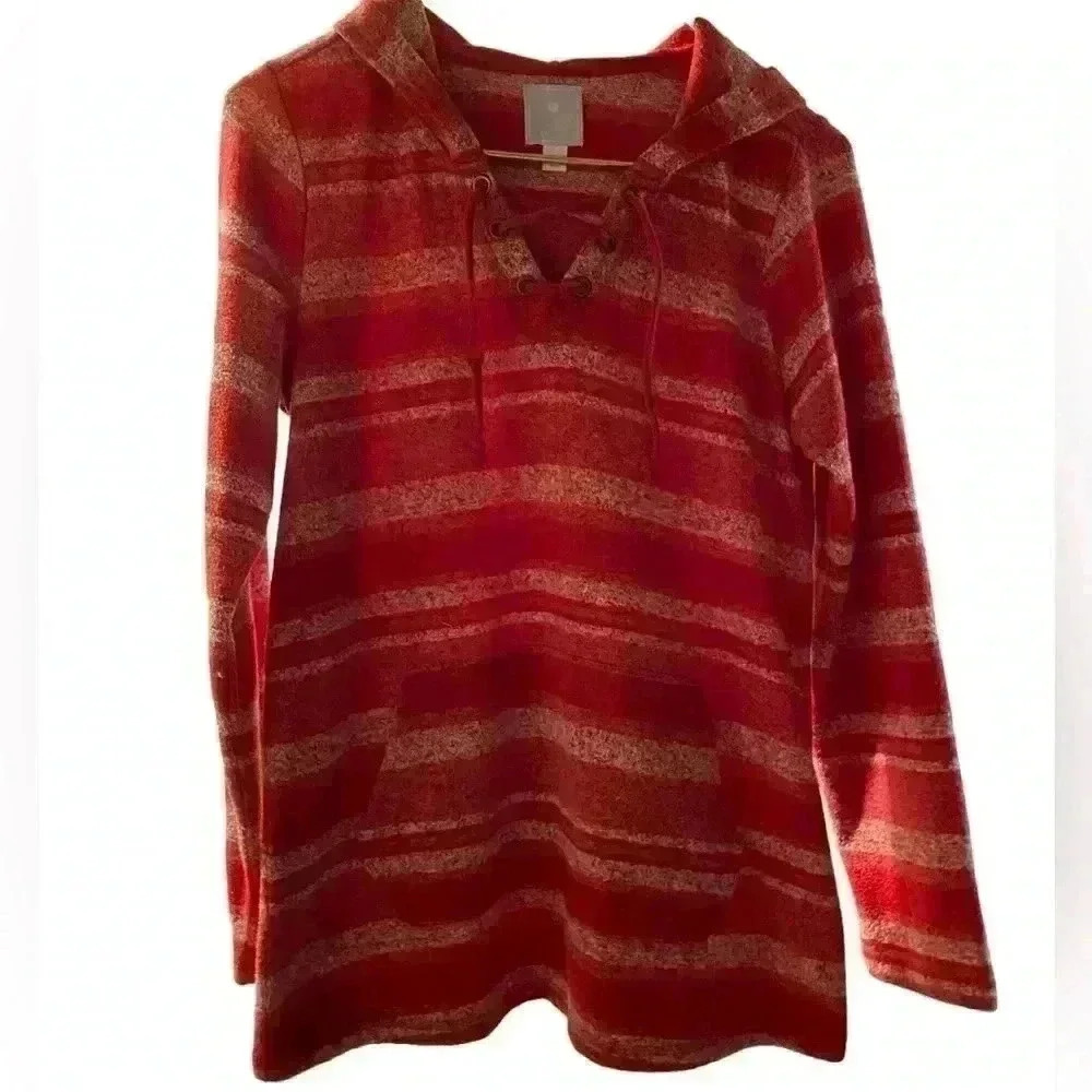Sunday Anthropology Red Stripe Sweater Lace Up With Hood S
